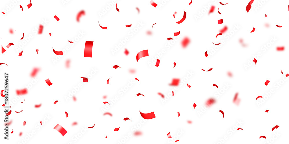 Fototapeta premium Christmas red confetti falling on transparent. Falling red confetti and streamers seamless pattern on transparent background. 