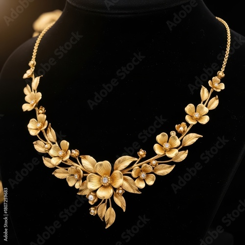 Wallpaper Mural Luxurious gold necklace featuring intricate floral and leaf designs adorned with sparkling diamonds Torontodigital.ca