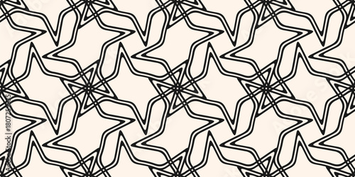 Vector geometric seamless pattern with abstract stars, curved lines, interlocking shapes, grid. Modern quirky texture in outline style. Black and white background. Repeating design for decor, fabric