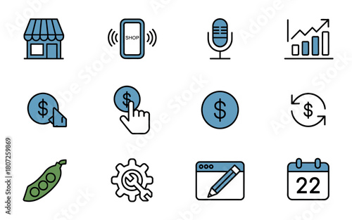 A collection of business-related icons representing commerce, finance, and operations showcases a variety of concepts.