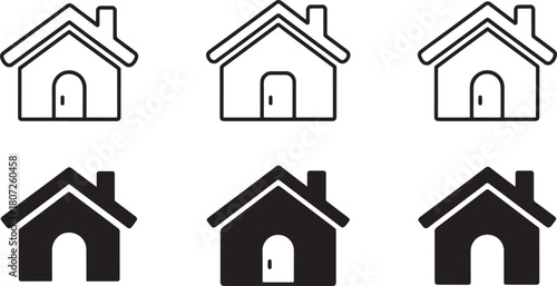 Six house icons in outline and silhouette styles on a white background Keywords: house, home