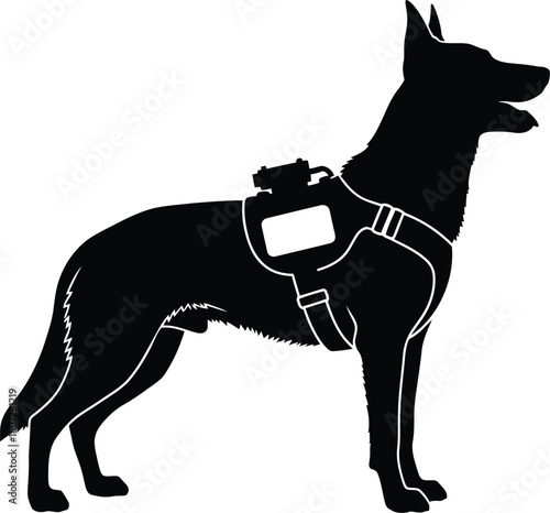 Silhouette german shepherd dog working k9 with harness and saddle bag ready for duty vector