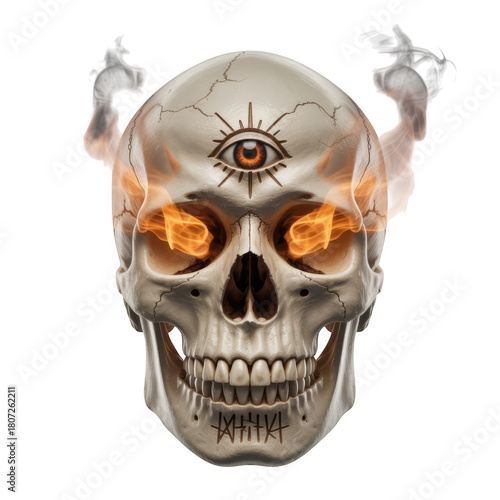 Realistic human skull with third eye and burning eye sockets on transparent background black bone 1