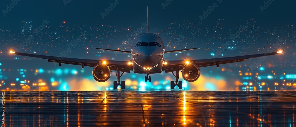 © wilson - An airplane landing at night with illuminated wing and engine lights against a backdrop of glowing city lights and urban landscape