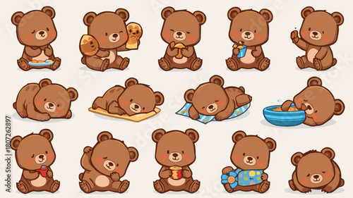 set of kawaii brown bear different activity cartoon design