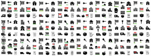 Seamless pattern of real estate and moving icons featuring houses, keys, sale signs, buildings, contracts, delivery trucks, and moving boxes.