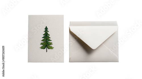 A christmas card with a green tree and a white envelope isolated on transparent background
