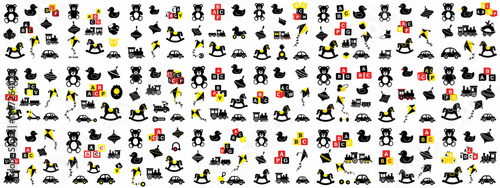 Classic black and yellow children's toys seamless pattern: bears, ducks, rocking horses, trains, cars, kites, alphabet blocks, and spinning tops illustration.