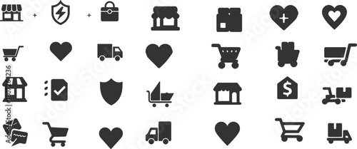 Black Silhouette Shopping Icons — Store, Cart, Wishlist & Protection Symbols