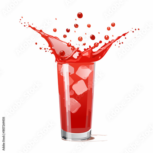 Red liquid splashing from a tall glass filled with ice cubes against a white background