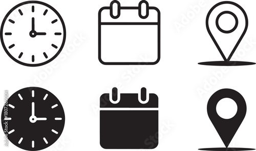 Three black icons for time calendar and location in two styles clock date