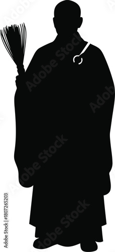 Monk silhouette holding sacred object spiritual ceremony buddhist tradition peaceful zen meditation vector