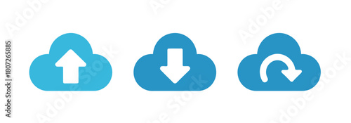 Three blue cloud icons representing upload, download, and refresh symbols against a white background.
