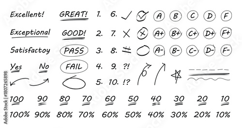 Hand drawn exam doodles of grades and percentage, Gradation elements for teachers in hand drawn style, Teacher scores of school homework,