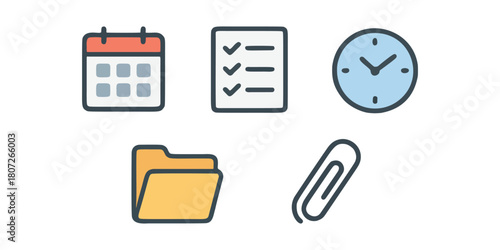 Flat illustration of office icons including calendar, checklist, clock, folder, and paperclip, representing productivity, planning, and organization, isolated on white background.