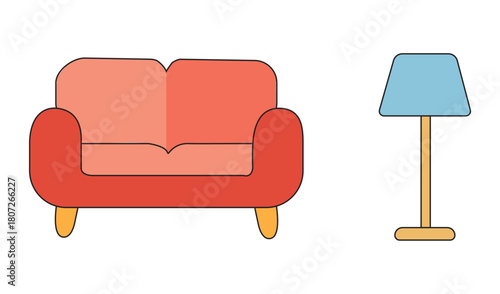 red sofa and blue floor lamp isolated on white background