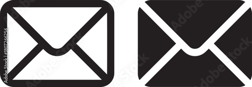 Two black envelope icons one outline one filled on white background mail email