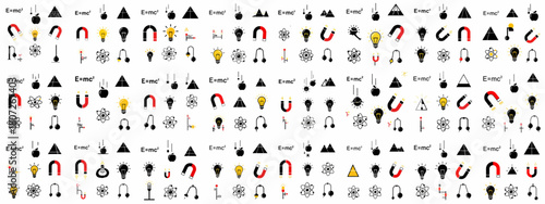 Minimalist Science Icons Pattern: Physics Concepts Repeating Background with E=mc2, Magnets, Falling Apples, Atoms, and Light Bulbs.