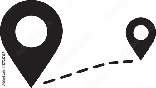 Two map location pins connected by a dashed line on white Keywords: map, location, pin, marker