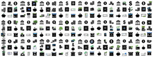Extensive collection of finance and banking icons, including currency, savings, safe deposit boxes, credit cards, and bank teller silhouettes.