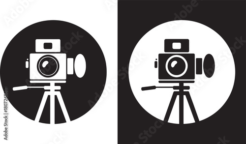 Vintage Camera on Tripod Icons in Black and White Circles video camcorder