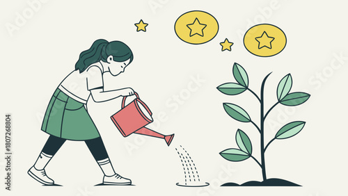 Girl growing a symbolic hope plant with 2D glowing leaves representing ambition, effort and long-term 