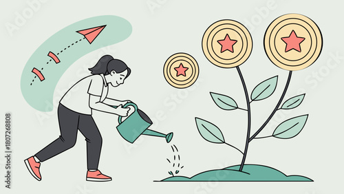 Girl growing a symbolic hope plant with 2D glowing leaves representing ambition, effort and long-term success