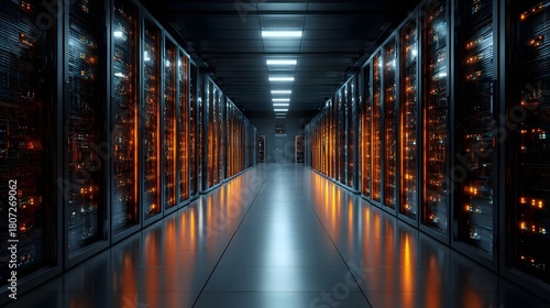 3D render of modern server racks in dark tech room. Concept: modern data center, Internet of Things, digital data flow, network infrastructure, high-tech server environment, futuristic technology, vis