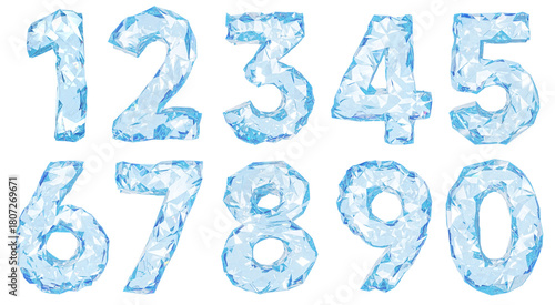 Set of numbers is made of clear faceted ice. 3d illustration isolated on white