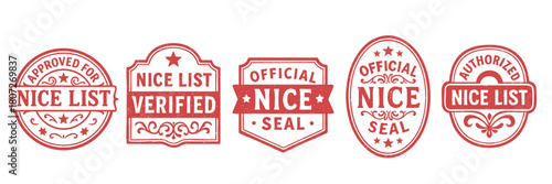Vintage red rubber nice list approval stamps featuring santa certification labels for holiday graphics