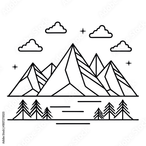  Minimal line-art mountain landscape with sharp peaks, simple pine trees, clean outlines, and small clouds, with a touch of warm accent color