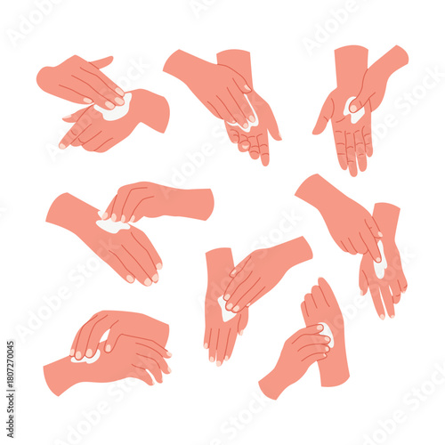 Collection of hands applying cream, illustrating various steps of moisturizing.