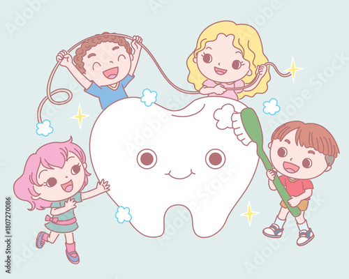 Happy children cleaning a giant cartoon tooth with a toothbrush and floss, promoting pediatric dental hygiene.