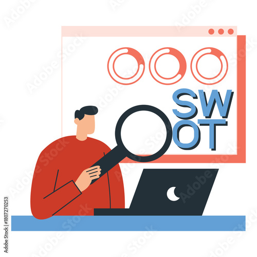 A business professional conducting a SWOT analysis using a laptop and a magnifying glass for detailed examination.
