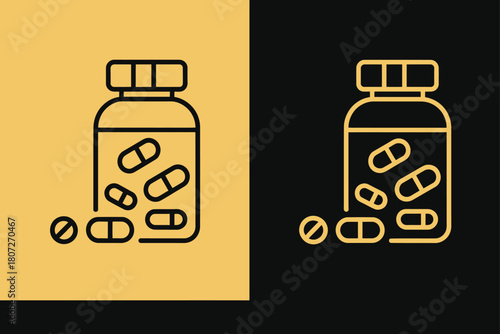 Pill Bottle Outline Illustration with Capsules and Tablets