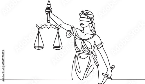 continuous line drawing of blind justice. abstract single line art statue of blind justice. one line Icon drawing with white background