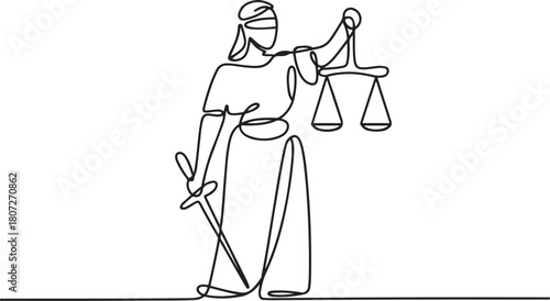 continuous line drawing of blind justice. abstract single line art statue of blind justice. one line Icon drawing with white background
