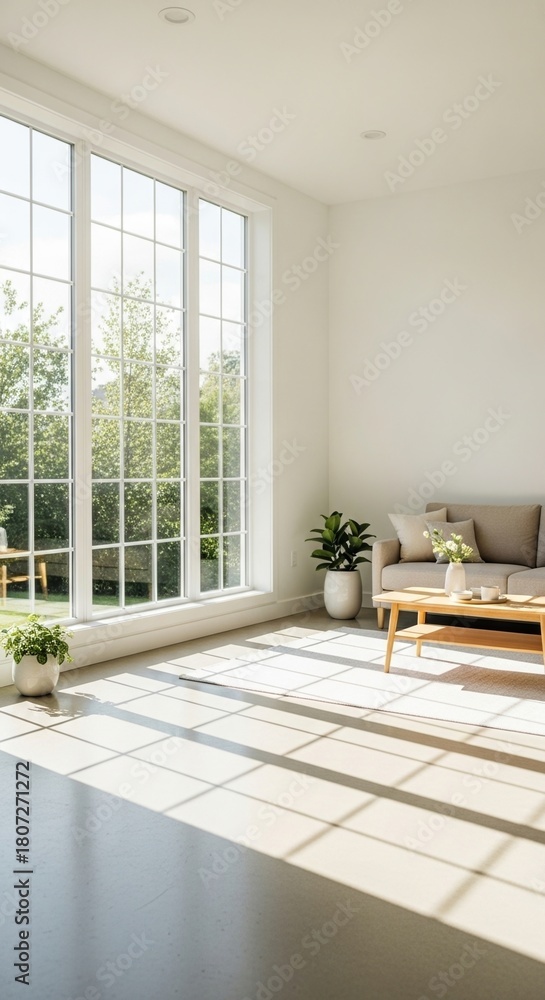 Fototapeta premium Bright, modern workspace with large windows. A cozy sofa and coffee table are present. Sunlight casts shadows on the floor, creating a serene atmosphere.