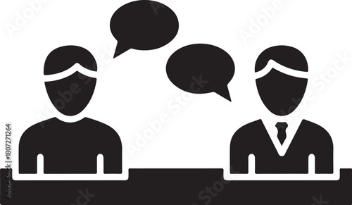 Professional discussion icon depicting two business individuals communicating with speech bubbles, representing dialogue, meeting, or debate isolated on white background, Vector, illustration
