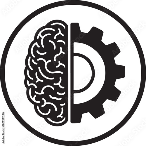 Brain and gear icon, a symbolic representation of the synergy between creative thinking, logical processes, engineering, and innovation. isolated on white background, Vector, illustration