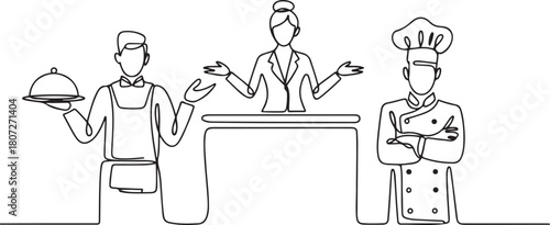 continuous line of hotel waiter. single line drawing of hotel receptionist, hotel chef standing welcoming guests. one line Icon drawing with white background