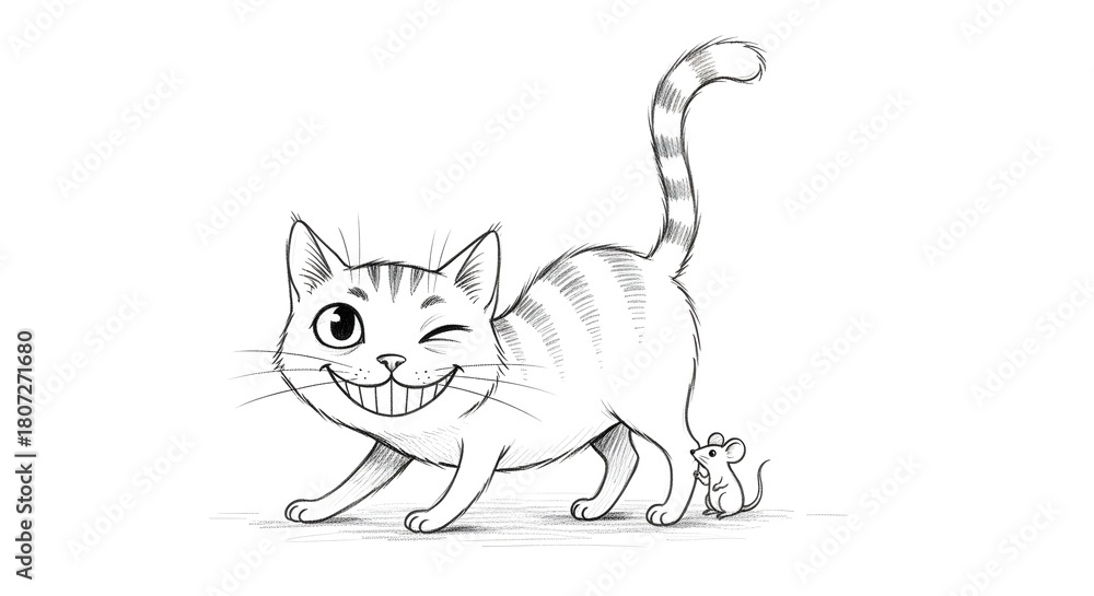 Fototapeta premium Playful Cartoon Cat Winking with Mouse Companion on White Background