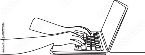 continuous line drawing of hands typing on laptop keyboard board.one line drawing of working with laptop. one line Icon drawing with white background