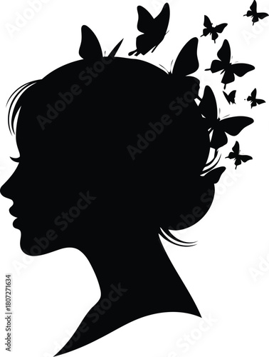 Silhouette profile woman head butterflies emerging dreams freedom transformation abstract art vector