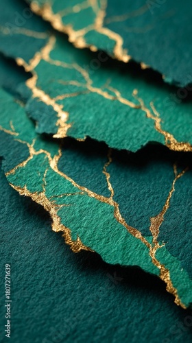 Layers of textured green paper with gold veins create a striking visual effect, emphasizing craftsmanship and artistic design in contemporary decor and creative projects