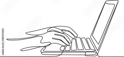 continuous line drawing of hands typing on laptop keyboard board.one line drawing of working with laptop. one line Icon drawing with white background