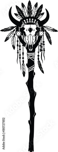 Native american shamanic staff with animal skull headdress and feathers symbolizing spirituality and tradition vector
