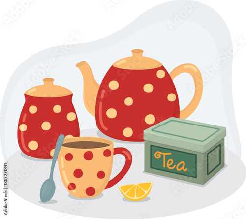 Still life with teapot, sugar bowl, cup with hot beverage, teaspoon and tea box. Illustration of red and beige polka dot tea set