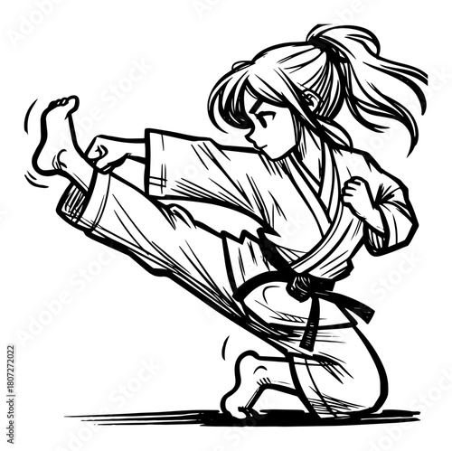 Martial arts girl high kick – dynamic karate female fighter action pose manga style illustration