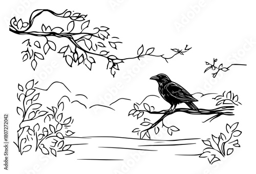 Songbird perched on branch beside tranquil pond – serene woodland nature scene line illustration
